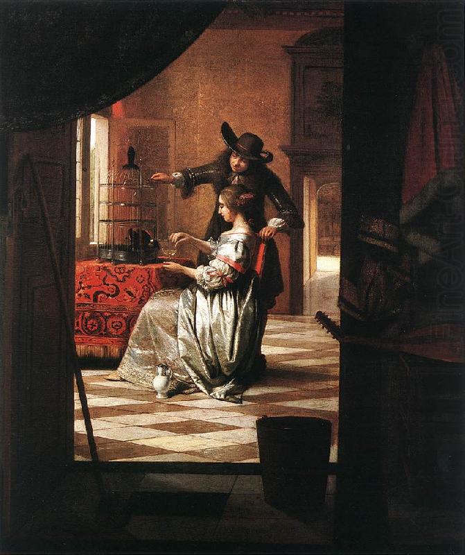 Couple with Parrot sg, HOOCH, Pieter de